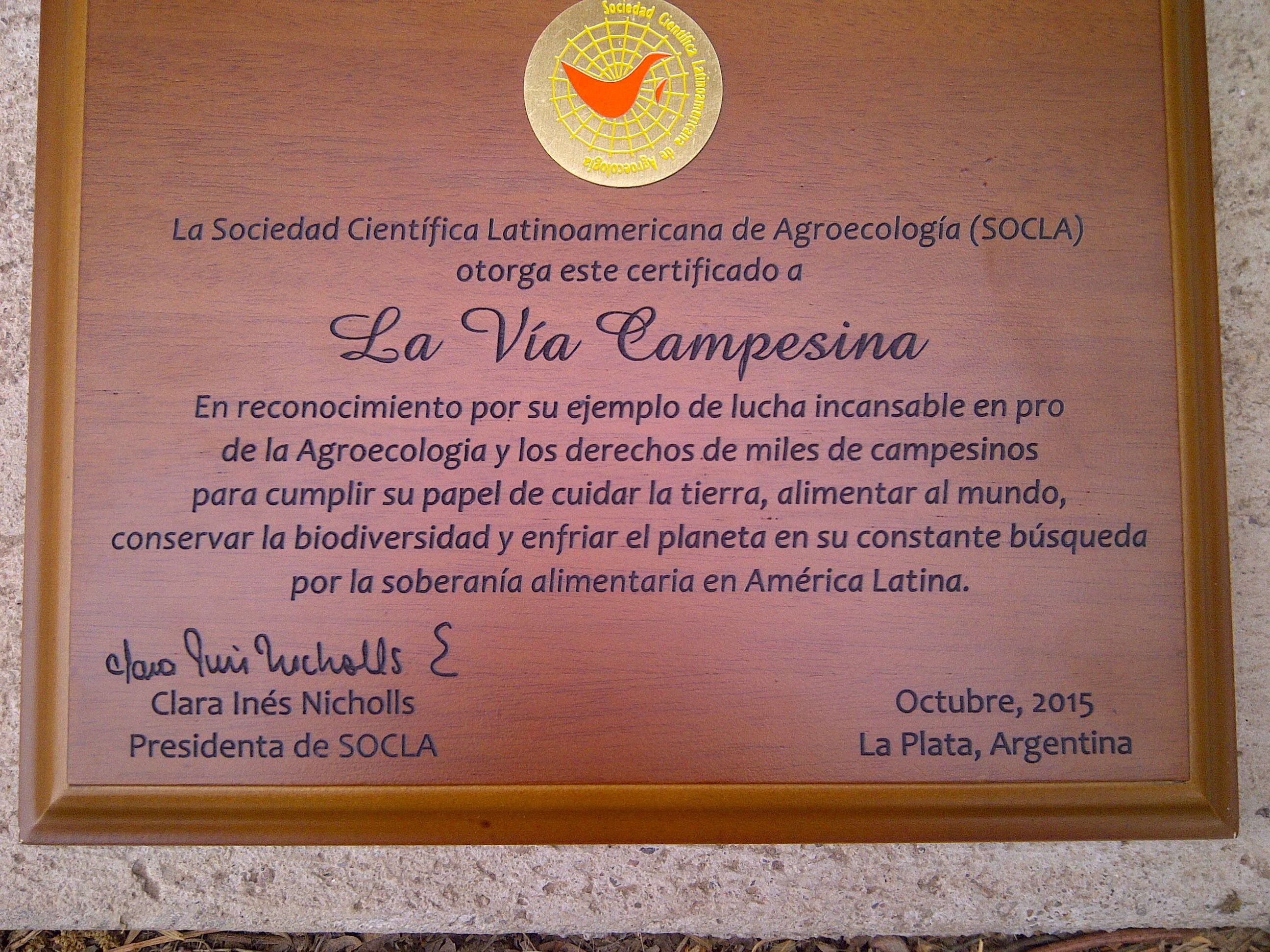 The award given by SOCLA to La Via Campesina