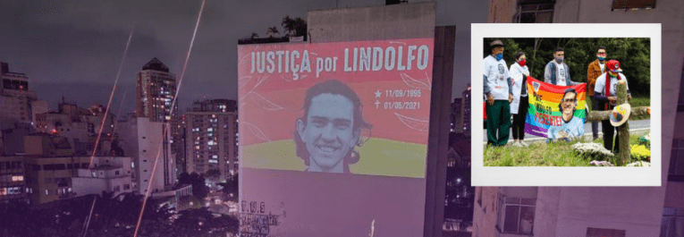 In the backdrop of citylights, a banner sits atop tall building calling for justice for Lindolfo. Inset, image of people paying homage to Lindolfo.