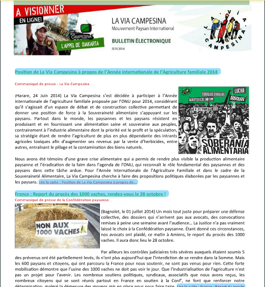 Bulletin electronique de La Via Campesina – juin 2014